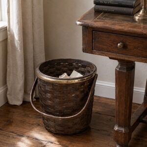Vintage Woven Wood Waste Basket Brass Rim English Cottage Office Decor 1980s